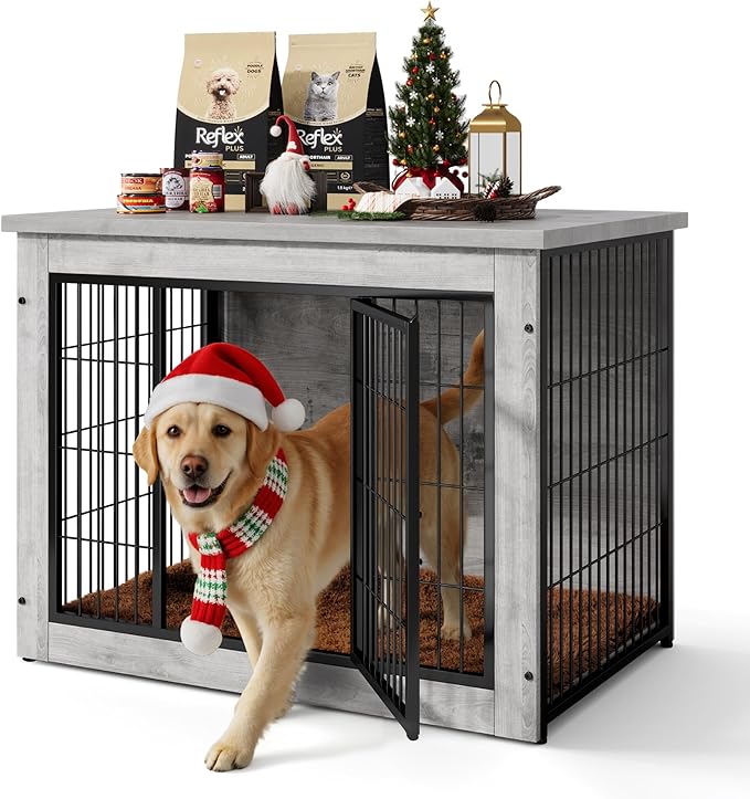 Dog Crate Furniture with Thick Cushion, Side End Table Wooden Dog Cage with Double Doors, Chew-Resistant Dog Kennel Dog House Indoor for Small to Large Dog