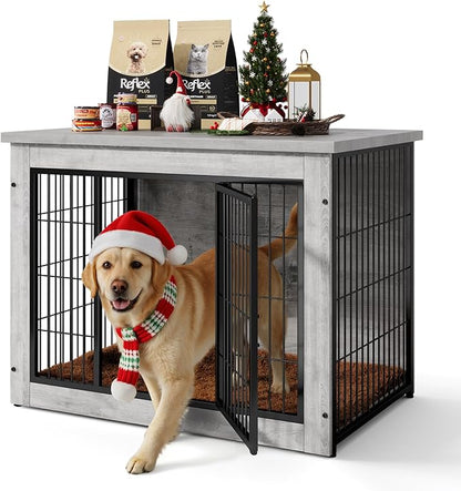 Dog Crate Furniture with Thick Cushion, Side End Table Wooden Dog Cage with Double Doors, Chew-Resistant Dog Kennel Dog House Indoor for Small to Large Dog