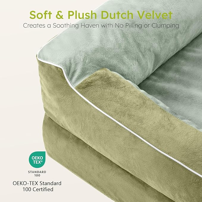 Dog Beds for Large Dogs, Orthopedic Dog Bed with Cooling Gel Memory Foam, Waterproof Large Pet Bed with Removable Washable Cover, 36" Pet Sofa Couch Dutch Velvet with Bone Toy, Dark Green