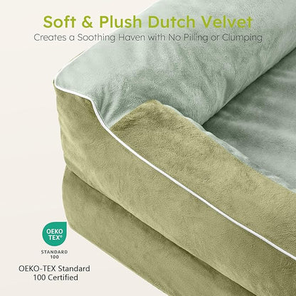 Dog Beds for Large Dogs, Orthopedic Dog Bed with Cooling Gel Memory Foam, Waterproof Large Pet Bed with Removable Washable Cover, 36" Pet Sofa Couch Dutch Velvet with Bone Toy, Dark Green
