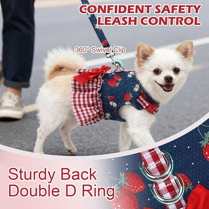 EXPAWLORER Dog Harness Small Medium Sized Dogs, Plaid Dog Dress Bowknot Harness and Leash Set, No Choke No Pull Soft Mesh Vest Cute Princess Puppy Outfits Clothes Costume for Girls Party Cats Navy M