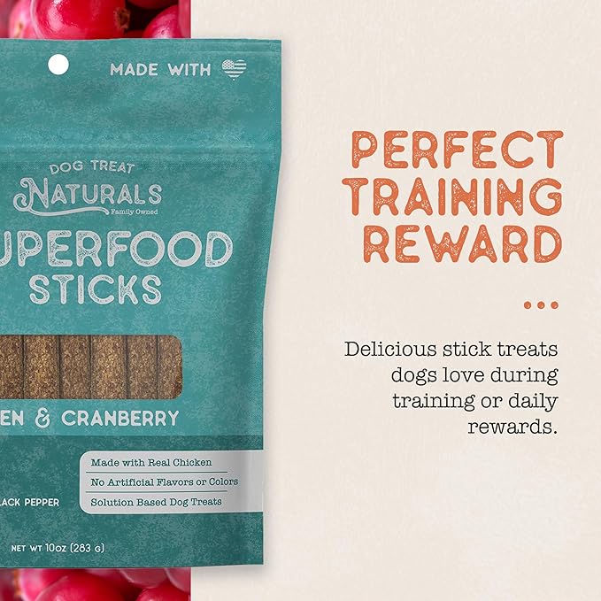 Dog Treat Naturals Superfood Sticks, Chicken & Cranberry, 10oz Bag | Dog Chew Sticks | All-Natural, Pet Training Treats | Joint-Skin-Coat Health | USA Made