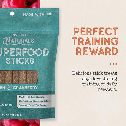 Dog Treat Naturals Superfood Sticks, Chicken & Cranberry, 10oz Bag | Dog Chew Sticks | All-Natural, Pet Training Treats | Joint-Skin-Coat Health | USA Made