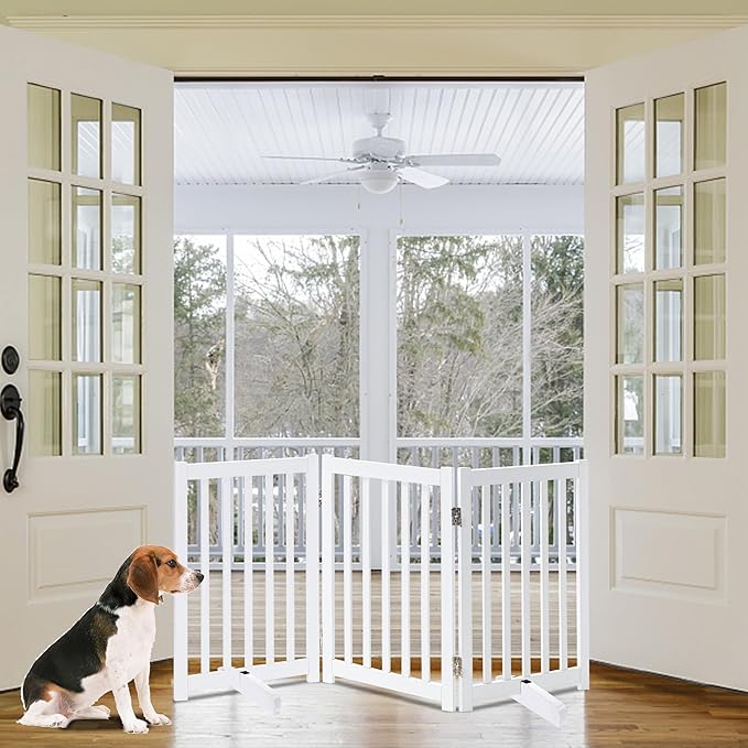 LZRS Freestanding Dog Gate 30 inch Tall - 3 Panels Solid Wooden Pet Gate for Doorways, Stairs & Hallways, Expandable & Foldable with Support Feet，Indoor Use,White