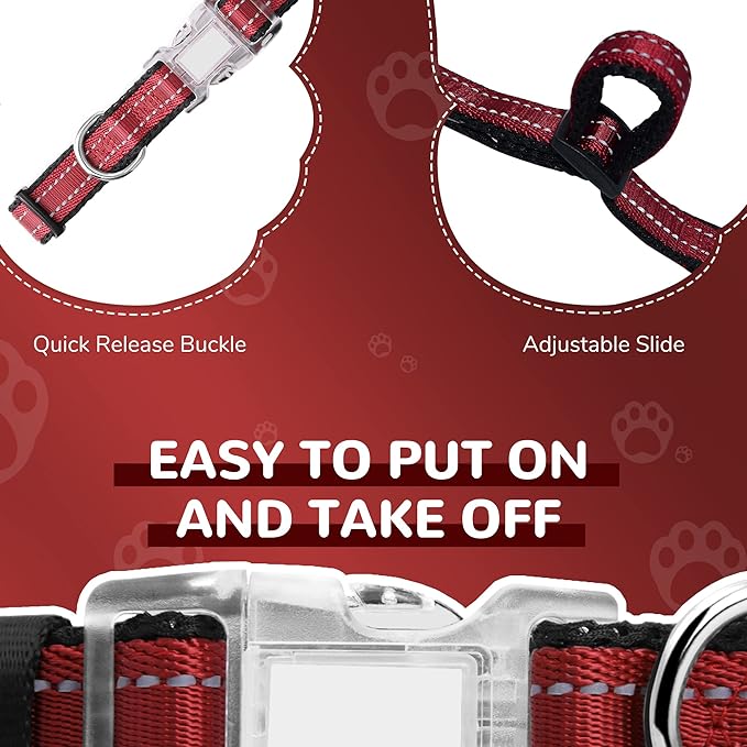 Reflective Dog Collar and Leash Set for Large Dogs, 4 FT/5 FT Dog Leash, Handle with an O-ring, Adjustable Mesh Padded Large Dog Collar with Quick Release Buckle-Red
