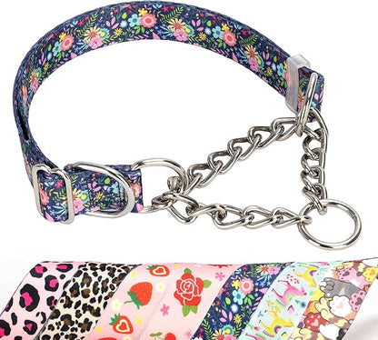 Martingale Collar for Dogs with Chain,Adjustable Nylon Floral Slip No Pull Training Dog Collars for Medium, Large & XL Dogs(Floral L)