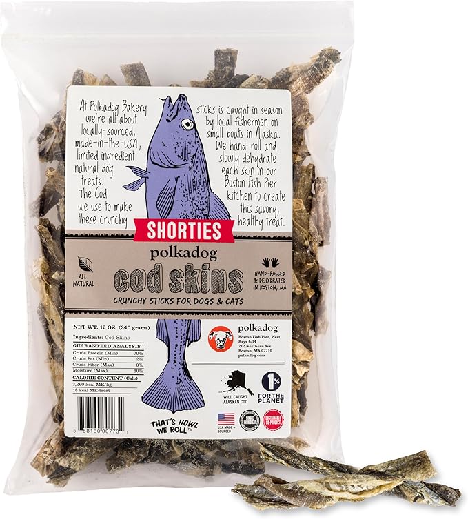 Polkadog Cod Skins for Dogs (12oz Shortie) - Single Ingredient, Wild-Caught Fish Skin Natural Dog Treat Chews. High in Lean Protein & Omega 3. Hypoallergenic, Grain Free. Handcrafted & Made in USA