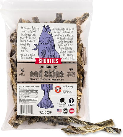 Polkadog Cod Skins for Dogs (12oz Shortie) - Single Ingredient, Wild-Caught Fish Skin Natural Dog Treat Chews. High in Lean Protein & Omega 3. Hypoallergenic, Grain Free. Handcrafted & Made in USA