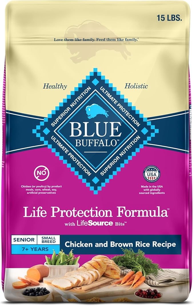 Blue Buffalo Life Protection Formula Small Breed Senior Dry Dog Food, Supports Joint Health and Immunity, Made with Natural Ingredients, Chicken & Brown Rice Recipe, 15-lb. Bag