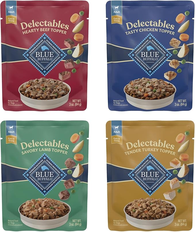 Blue Buffalo Delectables Natural Wet Dog Food Topper Variety Pack, Tasty Chicken, Hearty Beef, Tender Turkey, & Savory Lamb Dinner 3-oz (24 Pack- 6 of Each Flavor)