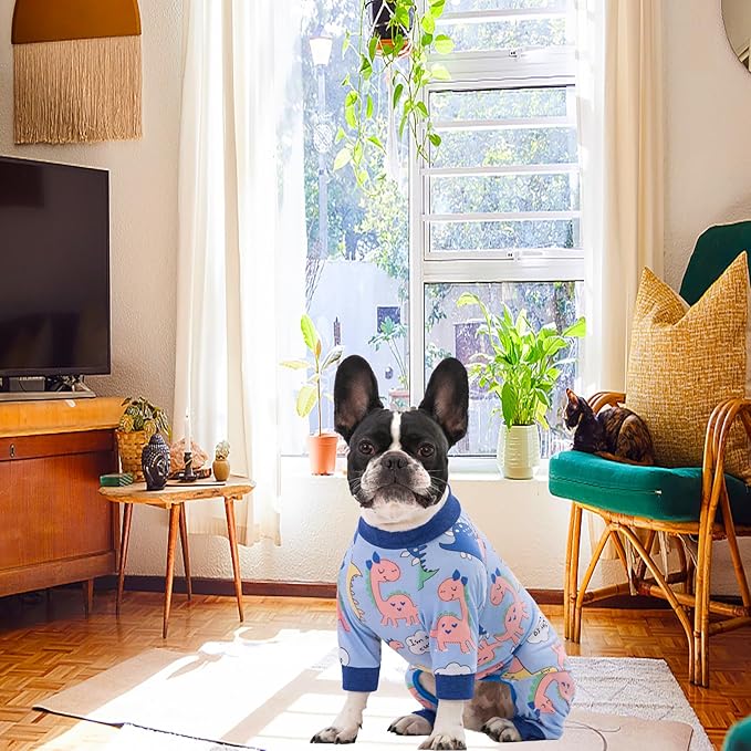 Recovery Suit for Surgery Small Medium Dogs Onesie, Cute Soft Pajamas Bodysuit Cone Alternative Prevent Licking, Female Male (Small, Dinosaur Blue)