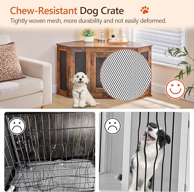 MAHANCRIS Corner Dog Crate Furniture, Wooden Dog Kennel End Table, Decorative Pet Crate Indoor Use, Furniture Style Dog House for Small Medium Dog, Dog Cage TV Stand, Rustic Brown DCRB0801