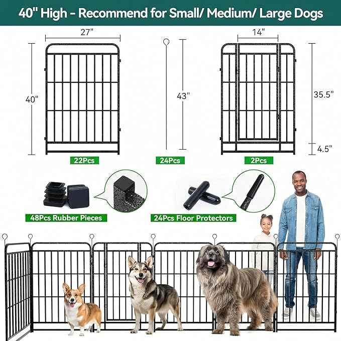 Dog Playpen Outdoor 24 Panels 40'' Rustproof Metal Dog Fence with Gate Small Medium Portable Large Dog Play Pen 54FT 180 Sq.ft for RV Camping, Trips, Play Yard