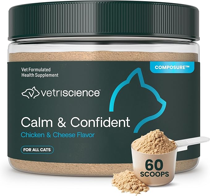VetriScience Calm & Confident Powder, Composure Calming and Anxiety Supplement for Cats, Reduce Stress and Fear, Ideal for Travel, Vet, Grooming and Routine Changes, Cheese & Chicken Flavor, 60 Scoops