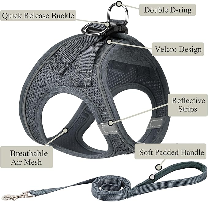 Dog Harness with Leash Set, No Pull Adjustable Reflective Step-in Puppy Pet Vest Harnesses for Small Medium Large Dogs and Cats,Grey L