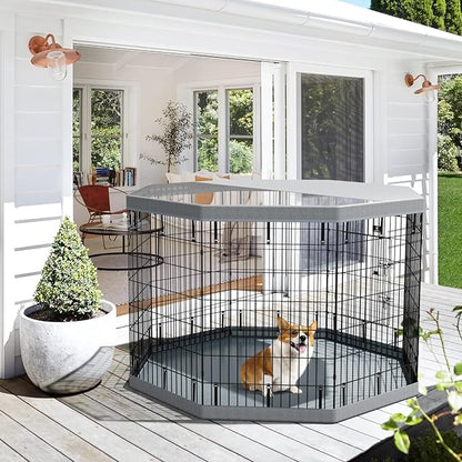 PJYuCien Dog Playpen with Top Cover and Bottom Pad - Metal Foldable Exercise Pen, 8 Panels 42" H x 24" W Indoor Outdoor Pet Fence Puppy Crate Kennel, Gray
