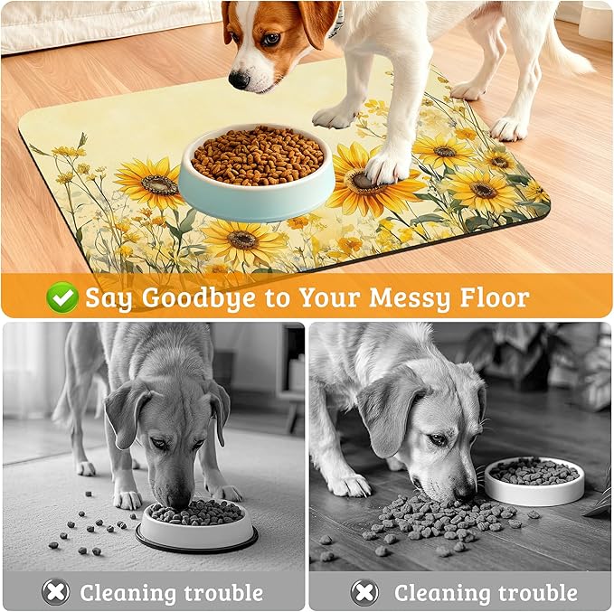 Yellow Floral Feeding Mat,Sunflower Absorbent Quick-Dry Cat Dog Food and Water Bowl Mats,Non-Slip Rubber Backing Mat,Cat Dog Accessories Supplies 16" x 24"