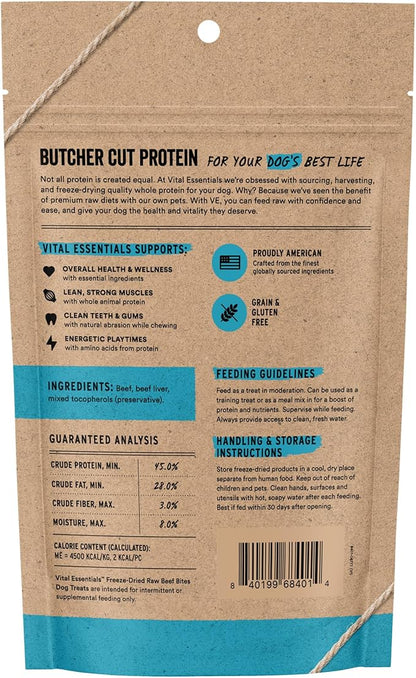 Vital Essentials Freeze Dried Dog Treats | Beef Bites, Single Protein | Premium Quality | Grain Free Training Treats for Dogs, 2.5 oz Bag