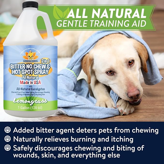 Bodhi Dog Bitter 2-in-1 No Chew & Hot Spot Spray - Natural Anti-Chew Remedy Better Than Bitter Apple - Soothes Hot Spots, Deters Chewing - Safe for Skin, Wounds & Furniture- Made in USA (128 Fl Oz)