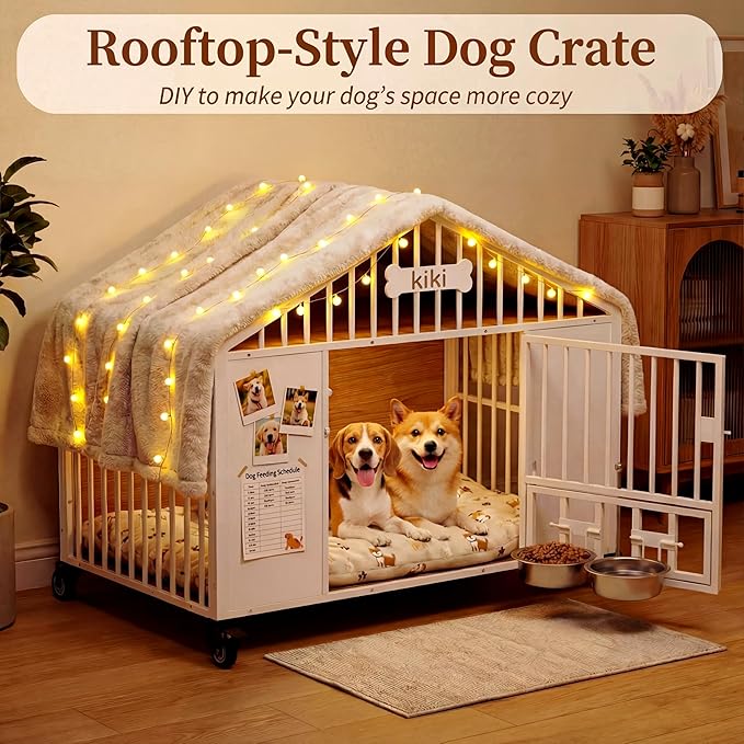 IRONCK 41.3" Dog Crate Furniture with 2 DIY Frame, Heavy Duty Pet Crates with 2 Rotatable Dog Bowls & Name Tag, Decorative Roof Shape Dog Kennel Indoor with 5 Wheels for Medium Dogs, White
