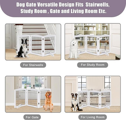 LZRS 3-Panel Freestanding Adjustable Wooden Dog Gate—30" Tall Foldable Pet Barrier with Support Feet, Chew-Resistant Solid Hardwood & Steel Wire Safety Fence for Doorways, Hallways, and Stairs, White