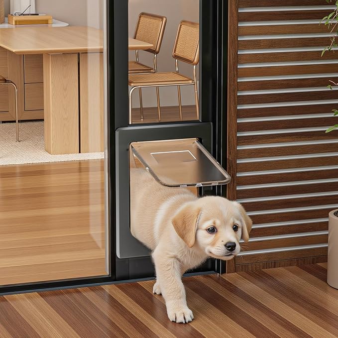 Dog Door for Sliding Glass Door, Magnetic Plastic Flap Sliding Door Pet Insert with Lock, Adjustable Height 74.2”-80.7”, No-Cut Installation for Patio Dog Access(Black M)