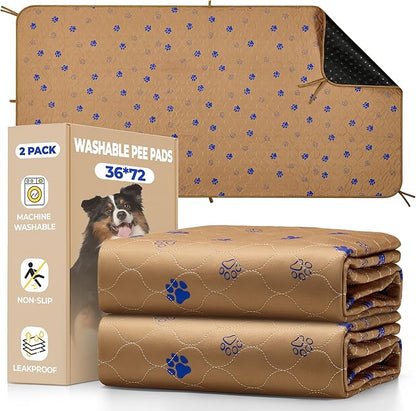 Fostanfly Washable Pee Pads for Dogs, 2 Pack 36''x72'' Ultra-Absorbent and Leak-Proof Non-Slip Reusable Potty Training Pads for Dogs, Puppy, Potty, Whelping of Add 8 Lanyards, Brown