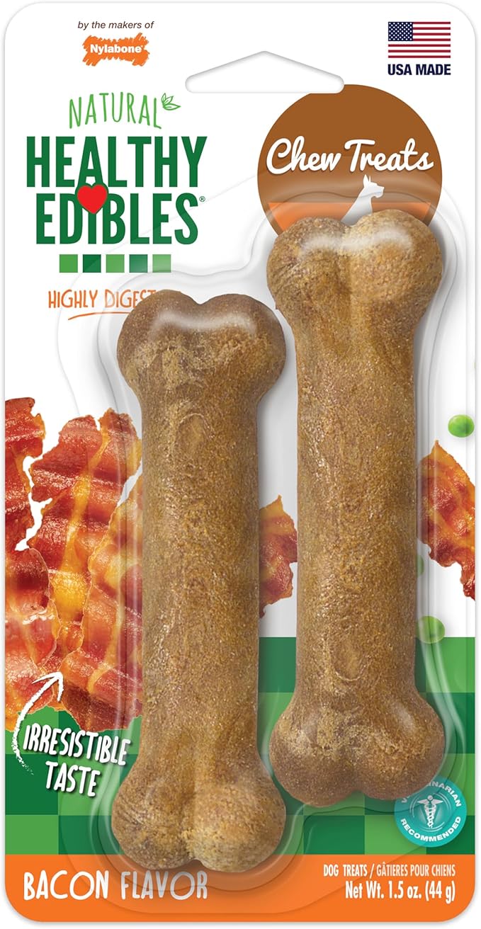 Nylabone Healthy Edibles Natural Dog Chews, Long Lasting Bones for Dogs, Bacon Flavor Dog Treats, X-Small (2 Count)
