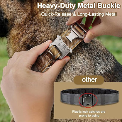 KCUCOP Heavy Duty Tactical Dog Collar and Leash Set, Military Training Nylon Reflective Collar with Handle Metal Buckle for Medium Large Dogs, Brown,M (1 Patch Included)