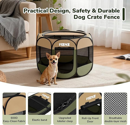 Dog Cat Playpen, Portable Puppy Pet Crate Indoor for Small Dogs Cats Rabbits, Foldable Dog Cage Enclosure for Outdoor, Pop Up Dogs Tent Kennel with Carrying Case, Olive Green