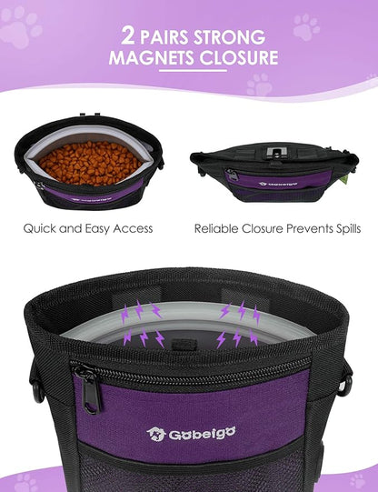 Gobeigo Dog Treat Pouch, Magnetic Closure & Sealable Silicone Bag Insert, 4-Cup Capacity – Belt Clip/Waist Belt/Crossbody Wear, Clicker Included – Great for Pet Training & Walking (Purple)