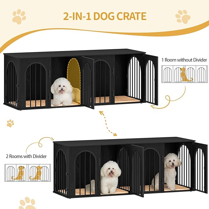 Hzuaneri 63" Dog Crate Furniture for 2 Dogs, Heavy Duty Indoor Dog Kennel TV Stand, L Wooden Dog Cage with Divider for Medium Large Dogs, End Table Dog Crate with Cushion, Black DFC80904B