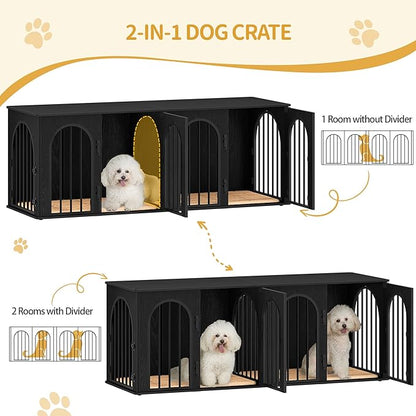 Hzuaneri 63" Dog Crate Furniture for 2 Dogs, Heavy Duty Indoor Dog Kennel TV Stand, L Wooden Dog Cage with Divider for Medium Large Dogs, End Table Dog Crate with Cushion, Black DFC80904B