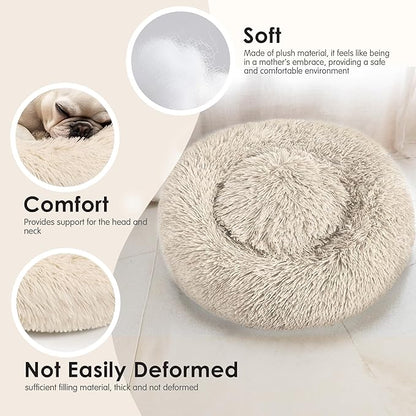 28in Large Dog Bed, Medium Size Dog and Cats, Calming Donut Bed for Puppy and Kitten, Washable Round Fluffy Pet Bed (Light Brown)