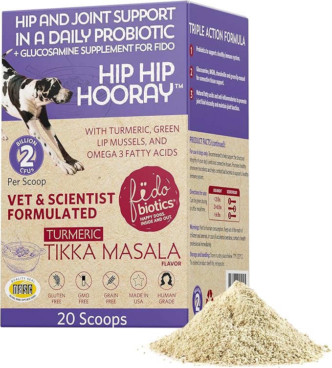 Fidobiotics Hip & Joint Support for Dogs with Probiotics – Glucosamine, Chondroitin, MSM & Green Lipped Mussel – Dog Joint Supplement Powder Food Topper for Mobility & Digestion (20 Servings)