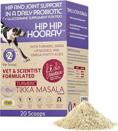 Fidobiotics Hip & Joint Support for Dogs with Probiotics – Glucosamine, Chondroitin, MSM & Green Lipped Mussel – Dog Joint Supplement Powder Food Topper for Mobility & Digestion (20 Servings)