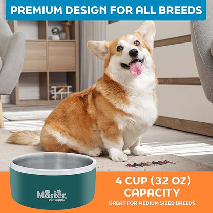 Master Pet Supply Stainless Steel Dog Bowls - 32 oz, Heavy Duty - Emerald Sea, Double Wall Extra-Thick Insulated, Non-Slip Pet Water Bowl for Dogs, Cats & Pets, Anti Rust Metal, Dish Washer Safe