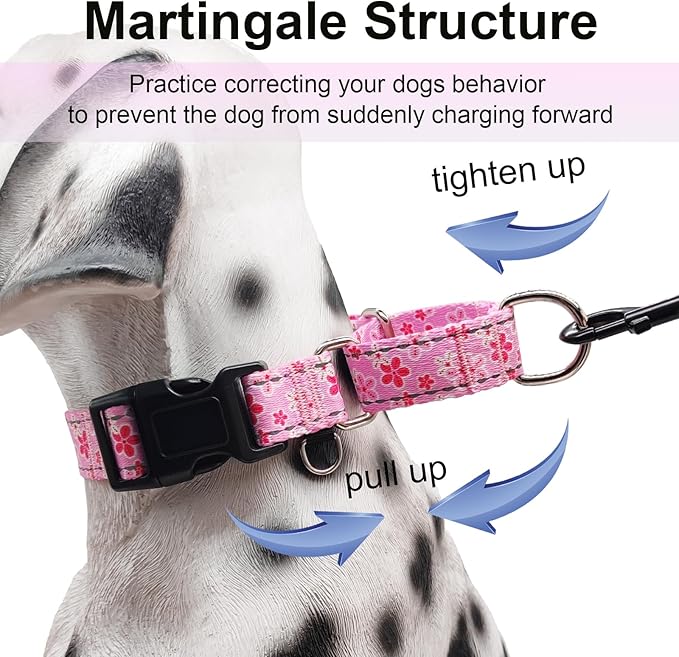 Reflective Martingale Collar for Dogs with Quick Release Buckle Cute Girl Female Flower Dog Collars (Pink Floral, Large)