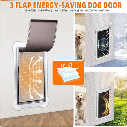 MIAOTONG 3-Flap Dog Door for Wall, Energy-Efficient Insulated Pet Door for Wall, Aluminum Lock Doggy Doors,Steel Frame and Telescoping Tunnel Dog Doors(Pets Up to 100 Lb) -Large