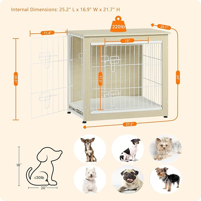 DWANTON Dog Crate Furniture with Cushion, Wooden Kennel Table with Double Doors, Indoor Dog House, Small/Medium/Large Size, 27.2" L, White Oak