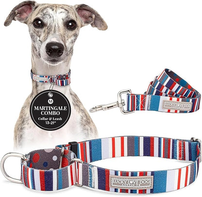 Lucky Love Dog Martingale Dog Collar & Leash - Adjustable, No-Slip, Durable, Comfortable, Soft Webbing, & Stylish Patterned Dog Collar & Leash Set for Male and Female Dogs - Linus Combo, Medium