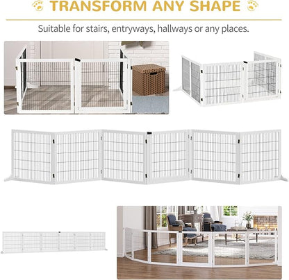 Wooden Dog Gate, 170" Freestanding Pet Gate, 6-Panel Foldable Dog Safety Barrier with 2 Support Feet for House Doorway Stairs, Small and Medium Dogs, White
