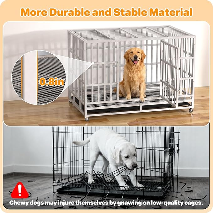 Hiwokk 48 Inch Heavy Duty Dog Crate, Indestructible Escape-Proof Dog Kennel for High Anxiety Large Dogs, Strong Metal Pet Cage with Double Doors, Lockable Wheels & Removable Tray, XL XXL XXXL
