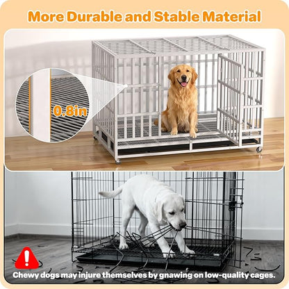 Hiwokk 48 Inch Heavy Duty Dog Crate, Indestructible Escape-Proof Dog Kennel for High Anxiety Large Dogs, Strong Metal Pet Cage with Double Doors, Lockable Wheels & Removable Tray, XL XXL XXXL