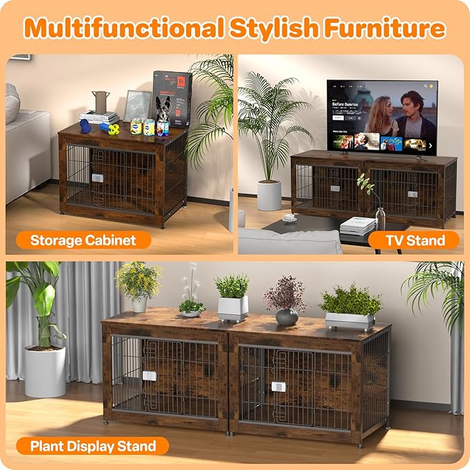 Dog Crate Furniture, Wooden Dog Crate 32in, Decorative Cage with End Table for Dog Indoor Kennel, High Anxiety Dog, Escape-Proof Locks for All Breeds