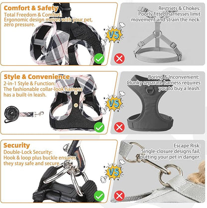 KOOLTAIL Small Dog Harness and Leash Set, Cute Puppy Harness, Step in No Pull Soft Mesh Pet Vest Harness Collar for Small Size Dogs Cats Boy Girl, Plaid Dog Halters for Outdoor Walking, Beige XS
