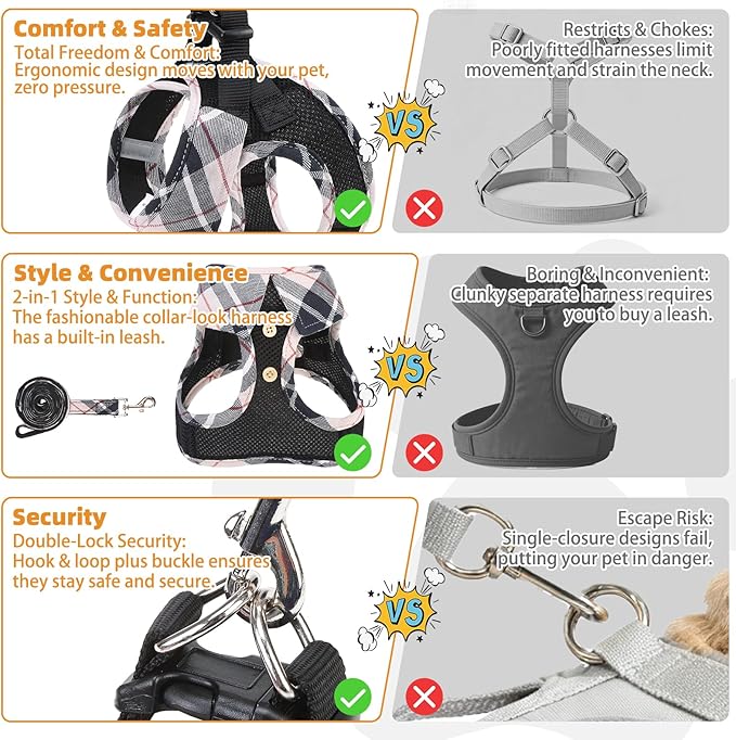 KOOLTAIL Dog Harness and Leash Set, Cute Dog Harness Medium Sized Dog, Step in No Pull Soft Mesh Pet Vest Harness Collar for Dogs Cats Boy Girl, Plaid Puppy Halters for Outdoor Walking, Beige M