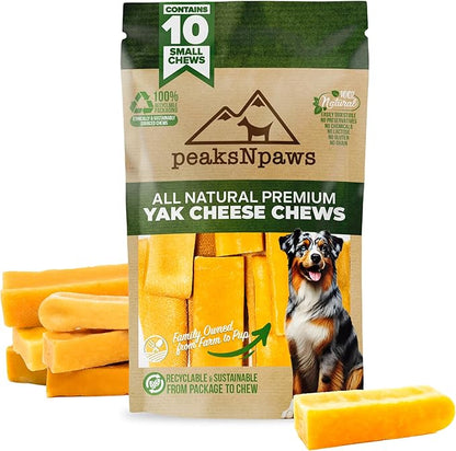 peaksNpaws Himalayan Dog Chews, High Protein Yak Cheese, Lactose Free, Natural Pet Treat, Long Lasting Chew Stick for Aggressive Chewers Under 15 lbs, 10 Small Sticks, 100% Eco-Friendly Packaging