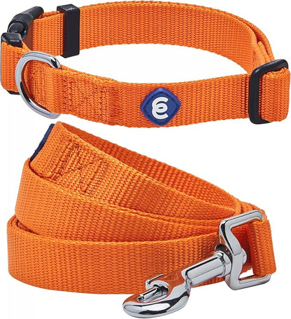 Blueberry Pet Essentials Matching Dog Collar and Leash Set in Orange Vermilion, Adjustable Classic Solid Color Nylon Collar with 4 ft Leash for Large Dogs