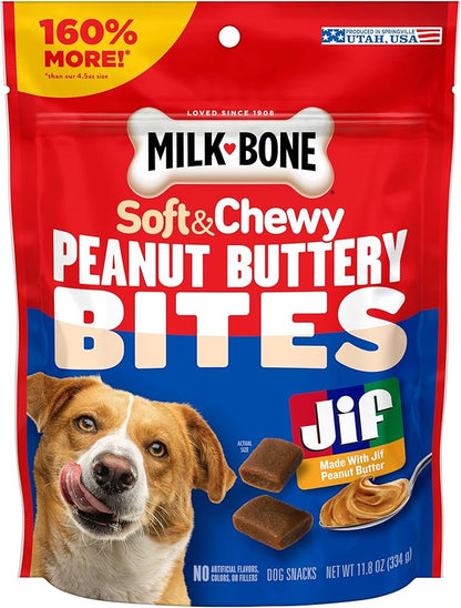 Milk-Bone Peanut Buttery Bites, Soft Dog Treats with Jif Peanut Butter & Real Bacon, 11.8 Oz. Bags